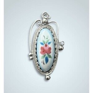 VTG Handpainted Porcelain Pendant Russian FINIFT ROSTOV Silver Tone Filigree